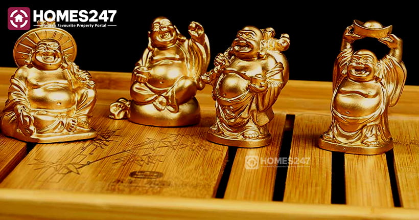 SOLD Happy Buddha Statue Resting on Bed of Coins Holding Large Wish Stick  20